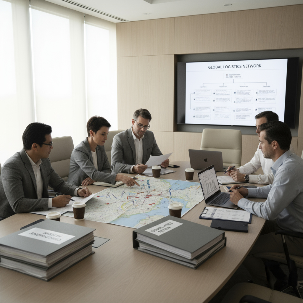 Besprechung von Transportmanager:innen mit Compliance-Dokumenten