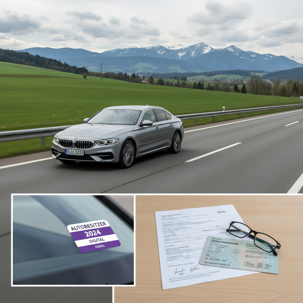 Auto auf österreichischer Autobahn, Vignette und Dokumente