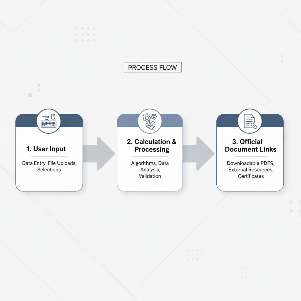 Dreistufiges Diagramm: Eingabe, Berechnung, Quellen